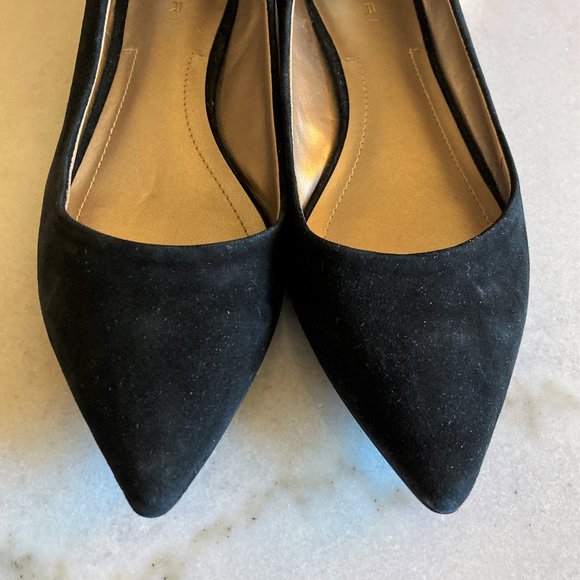 New! Tahari Eda black suede pointed toe flats / shoes with gold trim, block heel - Picture 5 of 13